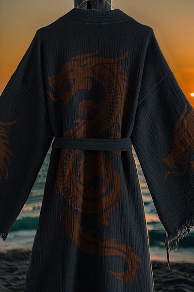 VAROL Organic 100% Cotton Kimono Collar Sabali Bathrobe Beach Dress - Viserion - Red - L/Xl