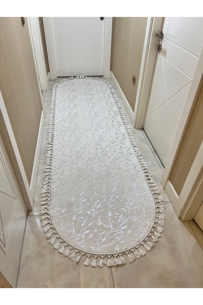 Bordo Halı Bordo Halı Beyaz Gümüş Simli Kaymaz Taban Yolluk | Lüks Koridor Ha...