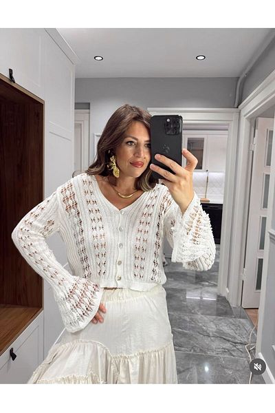 CADDELAMODA Women's Sleeves Volenli Buttoned Openwork Cardigan