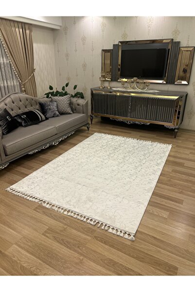 Bordo Halı Bambu Yıkanabilir Kaymaz Oturma Odası Salon Mutfak Çocuk Odası Halısı Beyaz Gümüş Simli Bambu