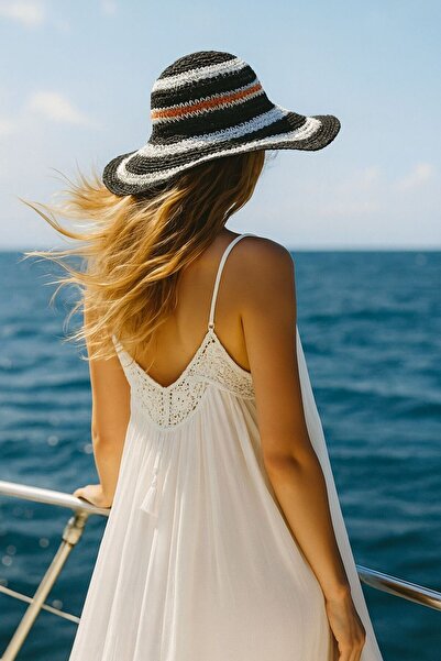 Axesoire 14619 Μαύρο Φαρδύ Ψάθινο Καπέλο - Πλεκτό και Χρώμα Ρίγες