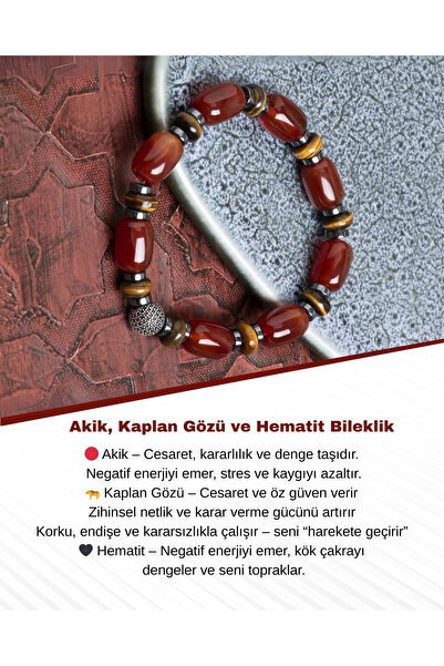 Saff Doğal Taş Sertifikalı Akik, Kaplan Gözü ve Hematit Bileklik – Gümüş Akse...