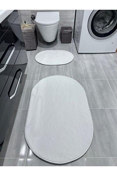 Bordo Halı Peluş Puffy Bambu Kaymaz Deri Taban 2'li Set Klozet Beyaz Banyo Pa...