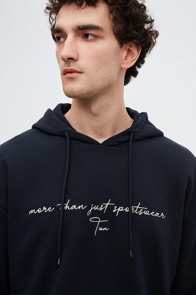 Twn Relaxed Fit Navy Blue Embroidered 3 Thread Hooded Sweatshirt