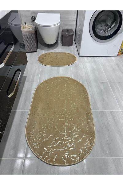 Bordo Halı Simli Bambu Kaymaz Deri Taban 2'li Set Klozet Cappicino Gold Banyo...