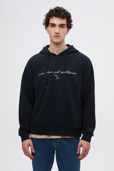 Twn Relaxed Fit Navy Blue Embroidered 3 Thread Hooded Sweatshirt