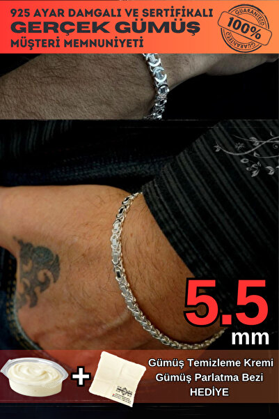 OSMANLI GÜMÜŞ 5.5 mm 925 Ayar Gümüş Erkek Bileklik Künye Parlak Euro Kral Model