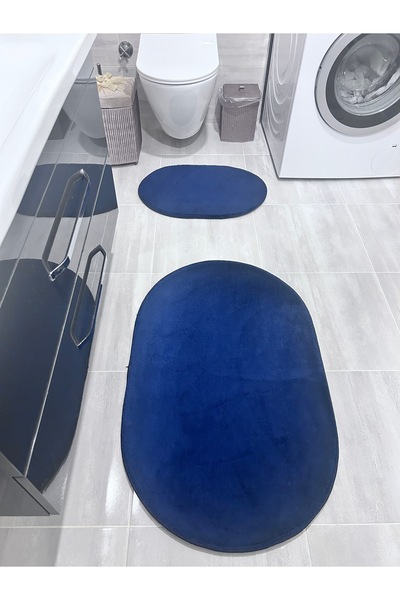 Bordo Halı Peluş Puffy Bambu Kaymaz Deri Taban 2'li Set Klozet Lacivert Banyo...