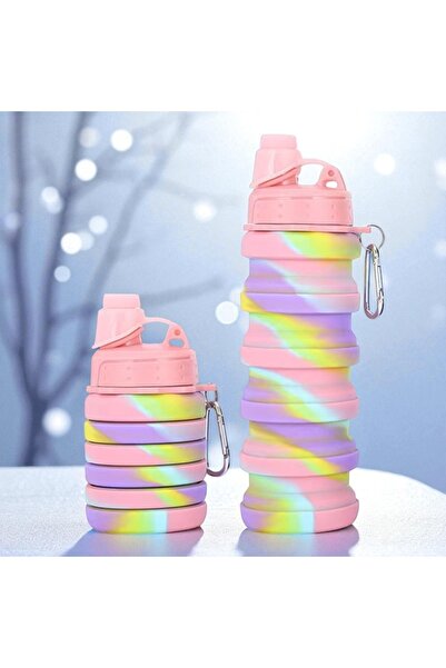 Kuzey Tacı Katlanabilir Portatif Silikon Su Şişesi 500 Ml Rengarenk Şirin Sevimli Şık Kapalı Hali 250 Ml