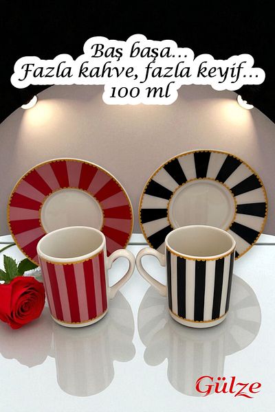 GÜLZE 2 Persons (4 Pieces) Senli̇ Benli̇ Model Special Design Luxury Coffee Cup Set (Pure Porcelain)