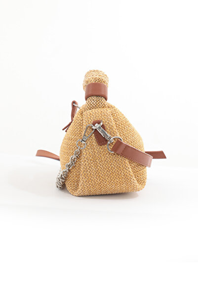 nura Tan Straw Women's Chain Drawstring Handle Hand and Shoulder Bag