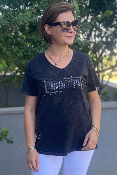 Mia Butik Large Size Black Italian Washed Sleeves Tshirt with Laser Cut Detail