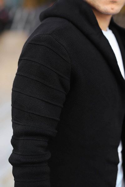 Valiberta Men's Black Patterned Hooded Poncho Cardigan