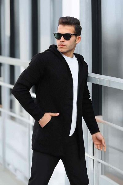 Valiberta Men's Black Patterned Hooded Poncho Cardigan