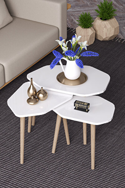 GOLDFALEZ Zigon Sehpa 3'lü Trio Ahşap Yan Sehpa Orta Sehpa Beyaz