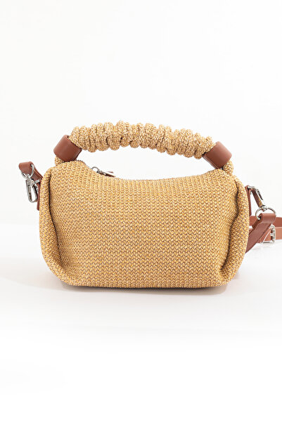 nura Tan Straw Women's Chain Drawstring Handle Hand and Shoulder Bag