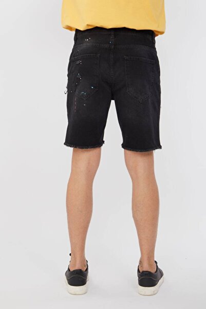 Bluewhite Men's Cut-Cut Painted Jeans Shorts Black