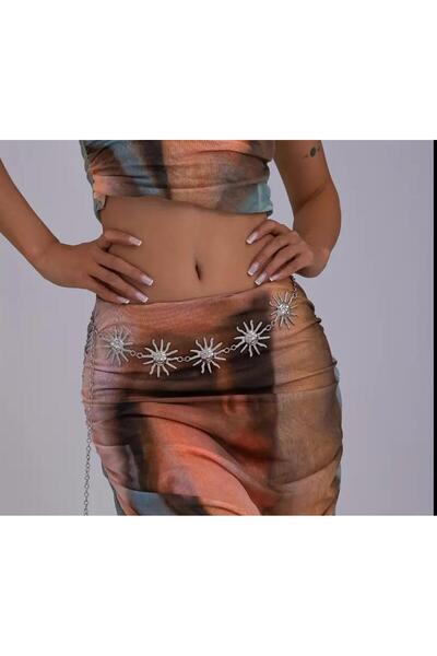 Mynoa Silver/Sun Patterned Chain Waist Belt, Women's Belt