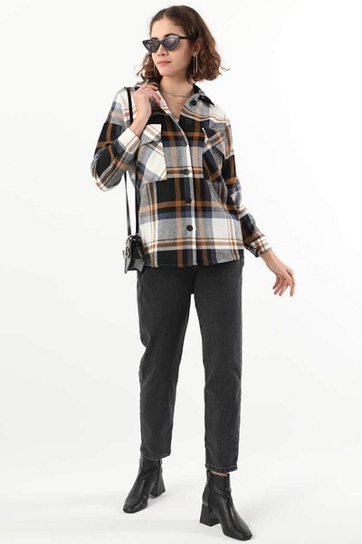 MARKAPIA Women's Oversize Lumberjack Shirt with Front Pocket Navy Blue
