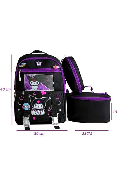 Çanta Sepetim Korean Style Kuromi Patterned School Bag Set with Accessories and Nutritious Pen Holder