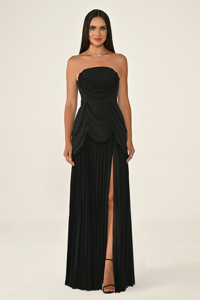 ALFABETA فستان سهرة راقٍ بتطريز لؤلؤي وكسرات أنثوية من الفابيتا