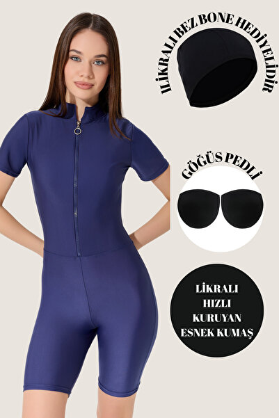 myfirstsea Kadın Diz Üstü Yarım Kol Tulum Yüzücü Mayo (Likralı Bez Bone Hediyelidir)