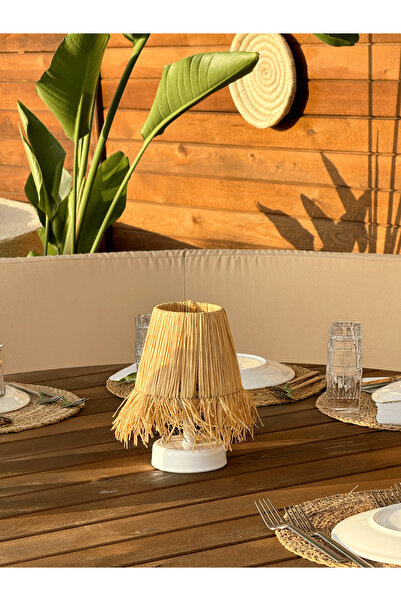 Maison Avf Rafya & Hasır Masa Üstü Kablosuz Pilli Abajur Beyaz Saçaklı