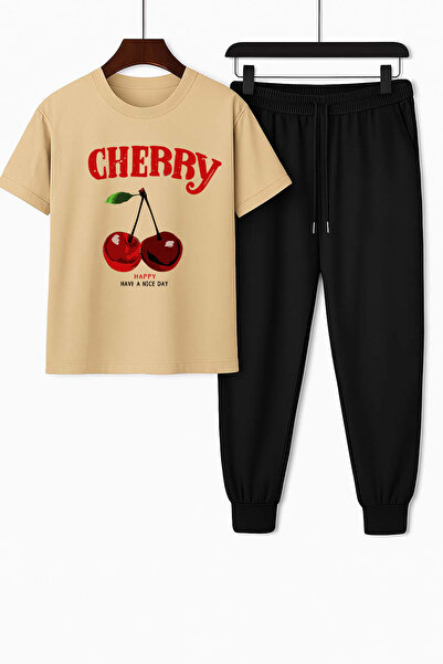 Trend Sizde Σετ αθλητικής φόρμας Unisex με μπεζ στάμπα κερασιού στο επάνω και το κάτω μέρος