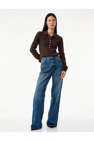 Koton Half Button Long Sleeve Polo Neck Sweater