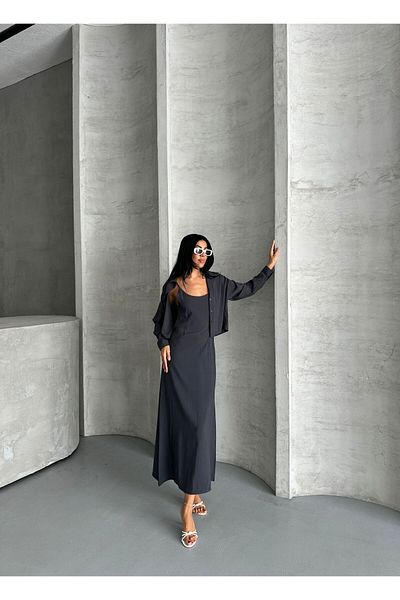 vesantia Women's Anthracite Premium Modal Fabric Shirt Long Dress Set