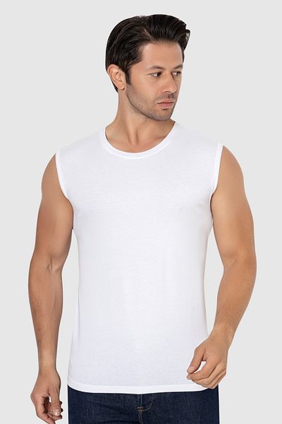 Arma Yıldız Men's White Sleeveless T-Shirt Crew Neck Zero Sleeve Undershirt Cotton Lycra