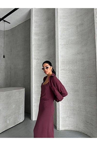 vesantia Kadın Mürdüm Premium Modal Kumaş Gömlek Uzun Elbise Takım