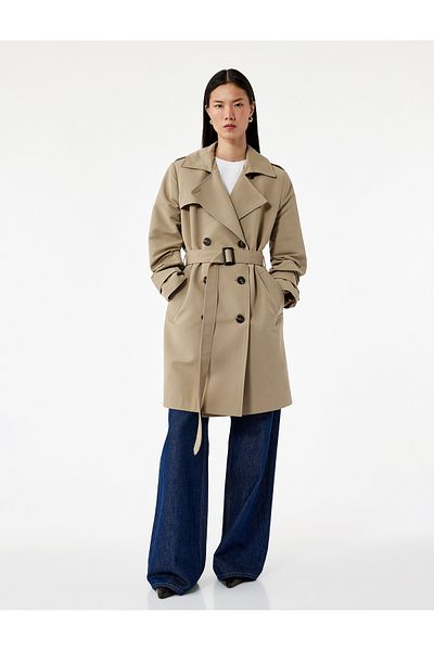 Koton Lined Pocket Double Breasted Long Sleeve Belted Long Gabardine Fabric Trench Coat
