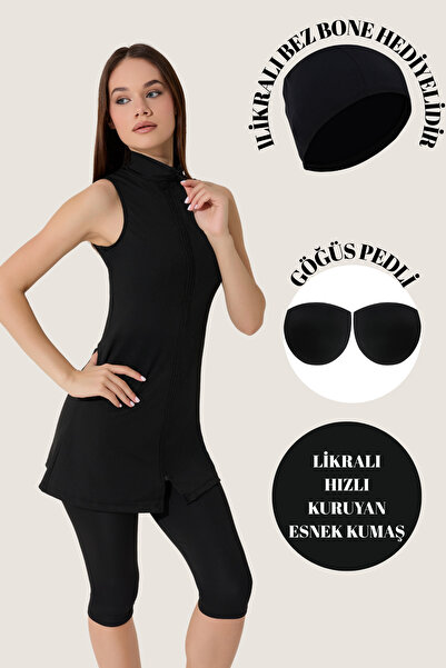 myfirstsea Kadın Fermuarlı Taytlı Likralı Mayo Kadın Siyah Taytlı Mayo (Likralı Bez Bone  )