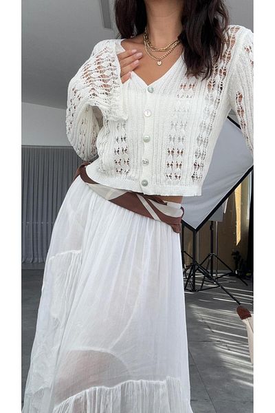 CADDELAMODA Women's Sleeves Volenli Buttoned Openwork Cardigan