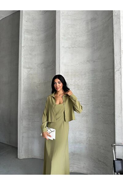 vesantia Women's Khaki Premium Modal Fabric Shirt Long Dress Suit