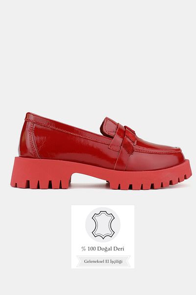 TUNAELLİ Women's Red Patent Leather Genuine Natural Leather 36-41 Number Loafer Shoes