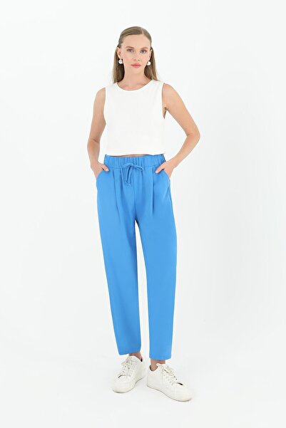 Puane Women's Tie Waist Carrot Shape Trousers - 18102Pnt - Blue