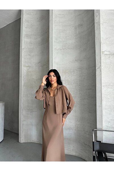 vesantia Women's Brown Premium Modal Fabric Shirt Long Dress Suit