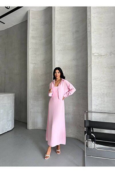 vesantia Women's Pink Premium Modal Fabric Shirt Long Dress Suit