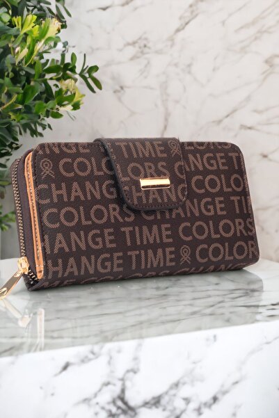 dericom Kahverengi Kadın Yazı Desenli Çıtçıtlı Ve Fermuarlı Büyük Boy Şık Kahverengi Cüzdan Kartlık Aksesuar