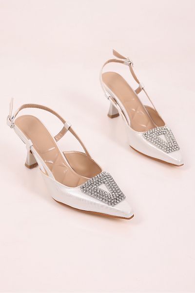 SHOESSHOPS Women's Stiletto Pointed Toe Stoned Open Back Women's Evening Dress Heeled Shoes