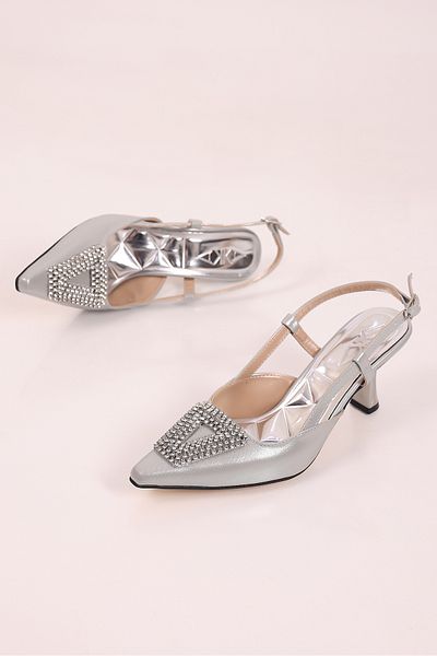 SHOESSHOPS Women's Stiletto Pointed Toe Stoned Open Back Women's Evening Dress Heeled Shoes