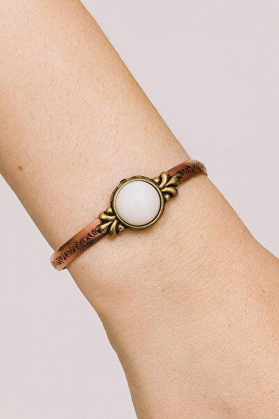 LOVELOTUS White Agate Natural Stone Adjustable Open End Pattern Inlaid Copper...