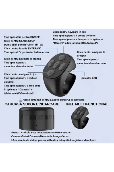 Inteliced Inel Telecomanda Multifunctional cu Statie de Incarcare Negru, Inteliced®, Compatibil Android iOS