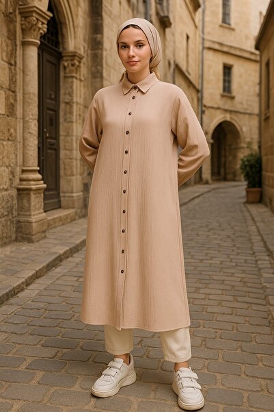 Sas Diz Altı Boy Önden Düğmeli Pamuklu Tunik