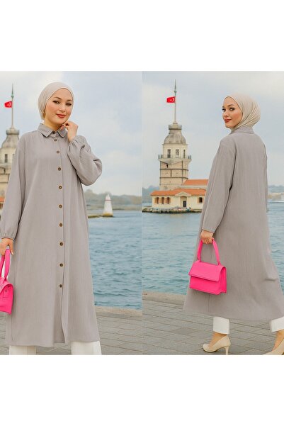 Sas Diz Altı Boy Önden Düğmeli Pamuklu Tunik
