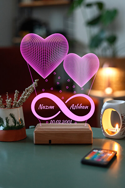 Modiwa Design Sevgiliye Özel Hediyee 3D 2 Kalpp 16 Renk Dekoratif Led Gece La...