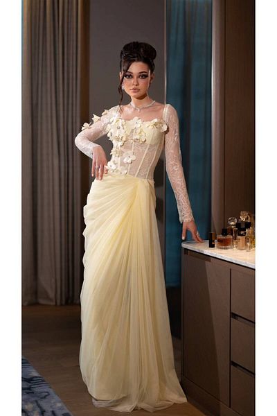 MEZON FASHION Lemon evening dress with roses