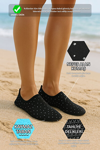 Peluche Parlak Taşlı Siyah Kaymaz Tabanlı Esnek Hafif Kadın Havuz Plaj Deniz Ayakkabısı